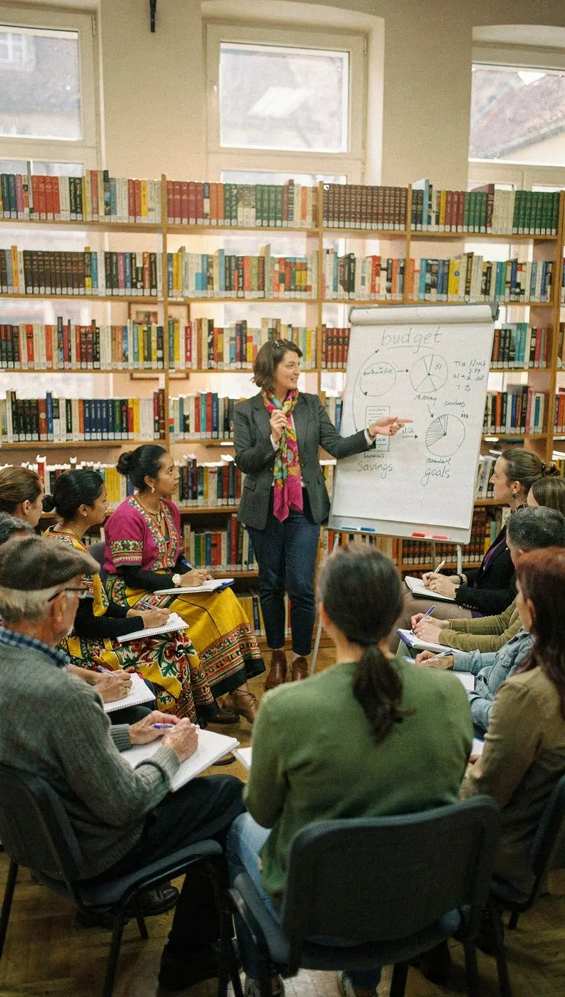 Un expert financiar explicând strategii practice de economisire în cadrul unui seminar